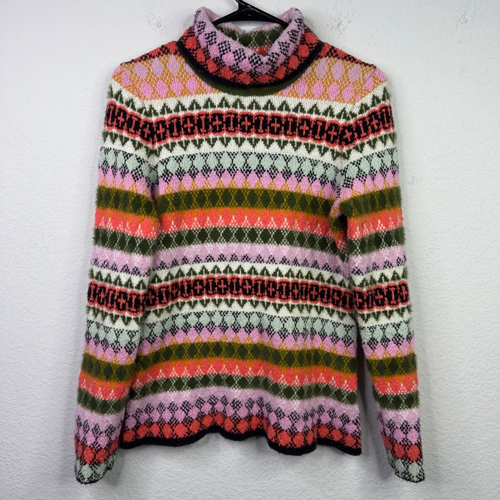 Maeve Sweater Women M Colorful Turtleneck Fair Isle Boho Whimsical Retro Cottage